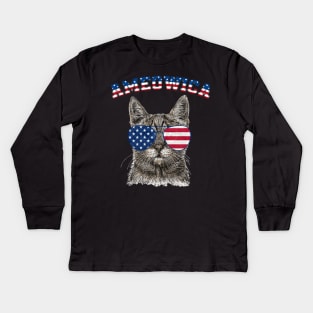 Ameowica Meow Cat American Flag 4th of July Patriotic Kids Long Sleeve T-Shirt